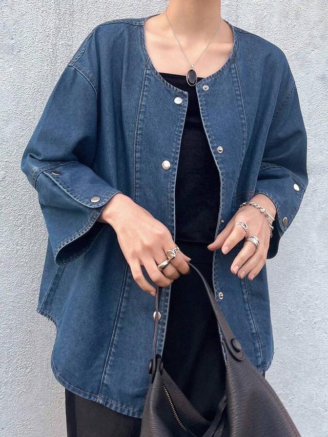 denim collarless snap-button jacket
