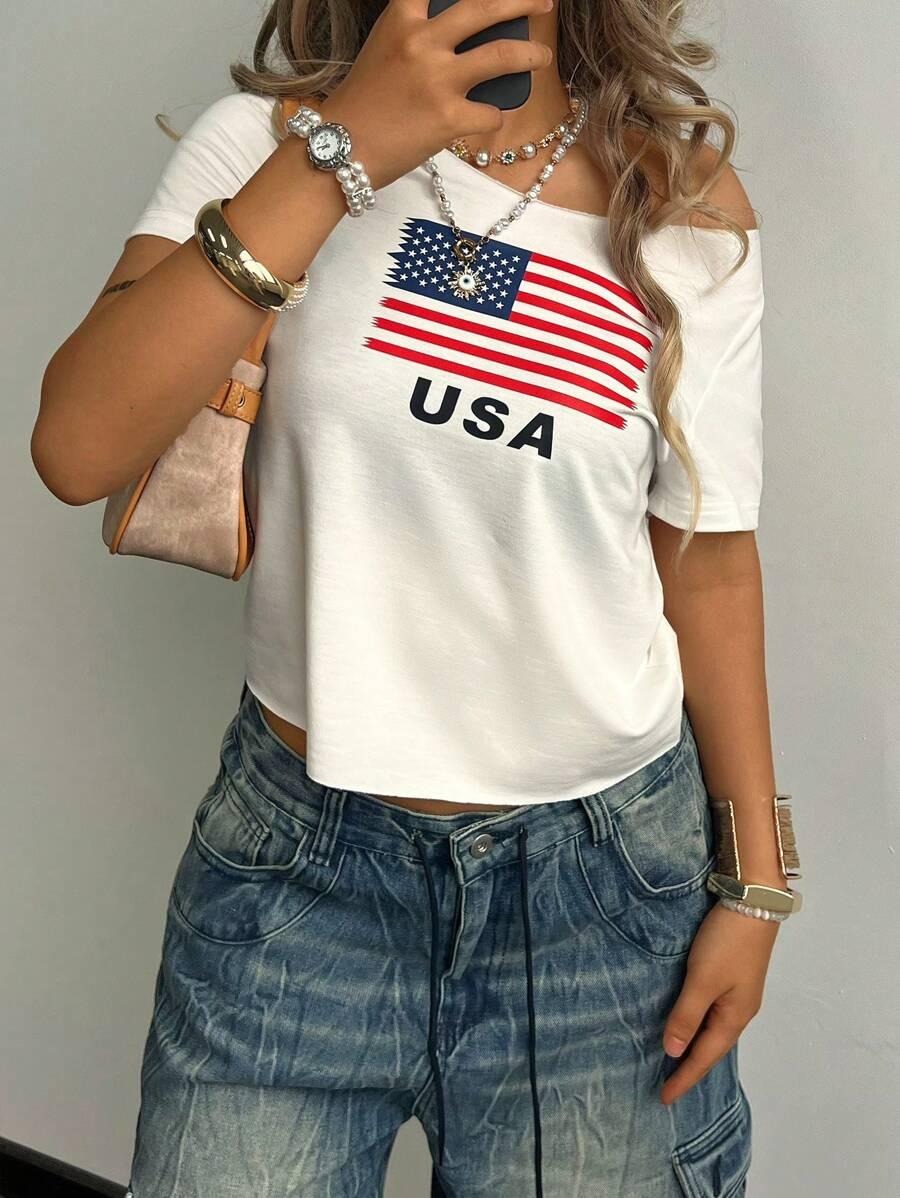 rovax fitted short american flag print asymmetric collar t-shirt