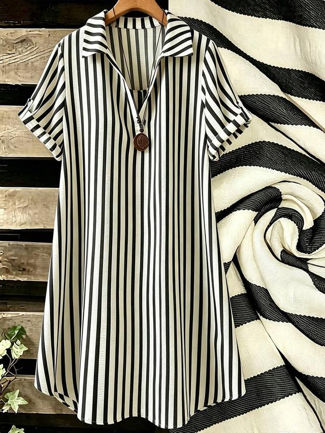 black and white striped v-neck casual shift dress