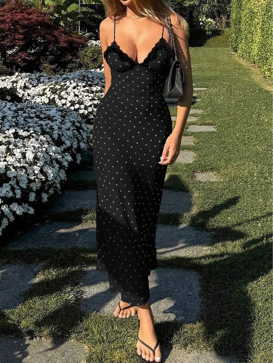black polka dot midi dress with lace trim