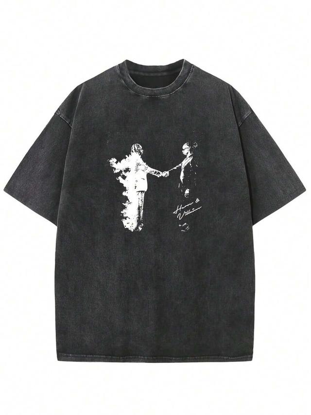 washed cotton graphic print oversized round neck t-shirt