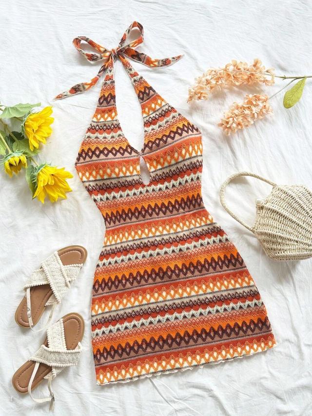 multicolor striped backless halter mini beach dress