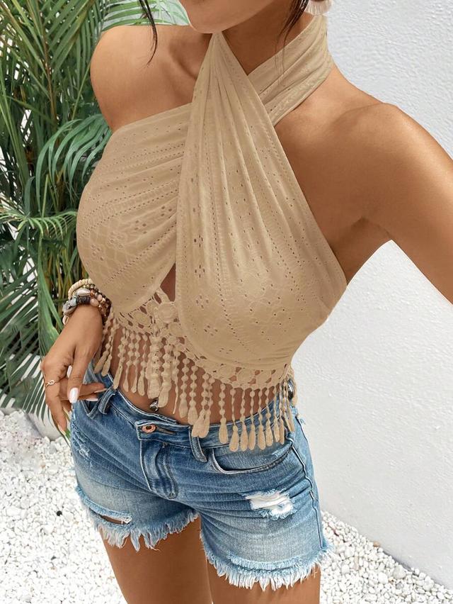 beige eyelet lace trim criss-cross halter camisole