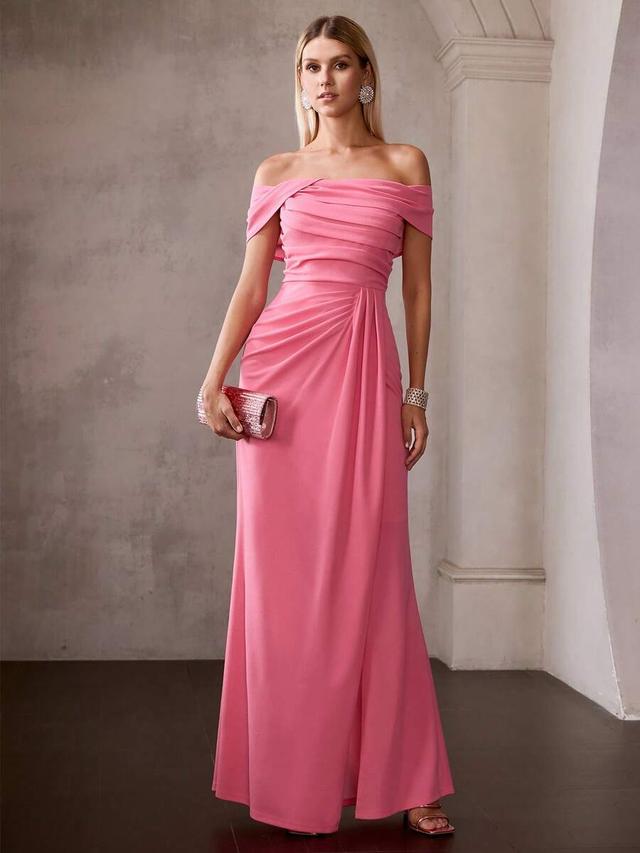 pink ruched off-shoulder long evening dress