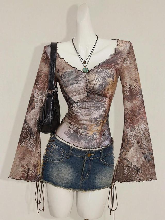 shein icon fall women's western boho teal print blouse