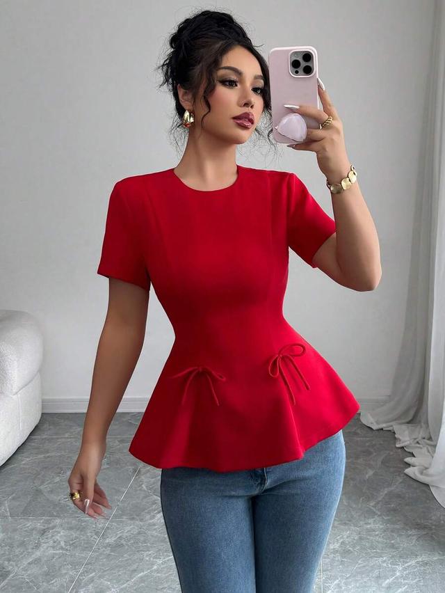 red short sleeve a-line peplum blouse with bow