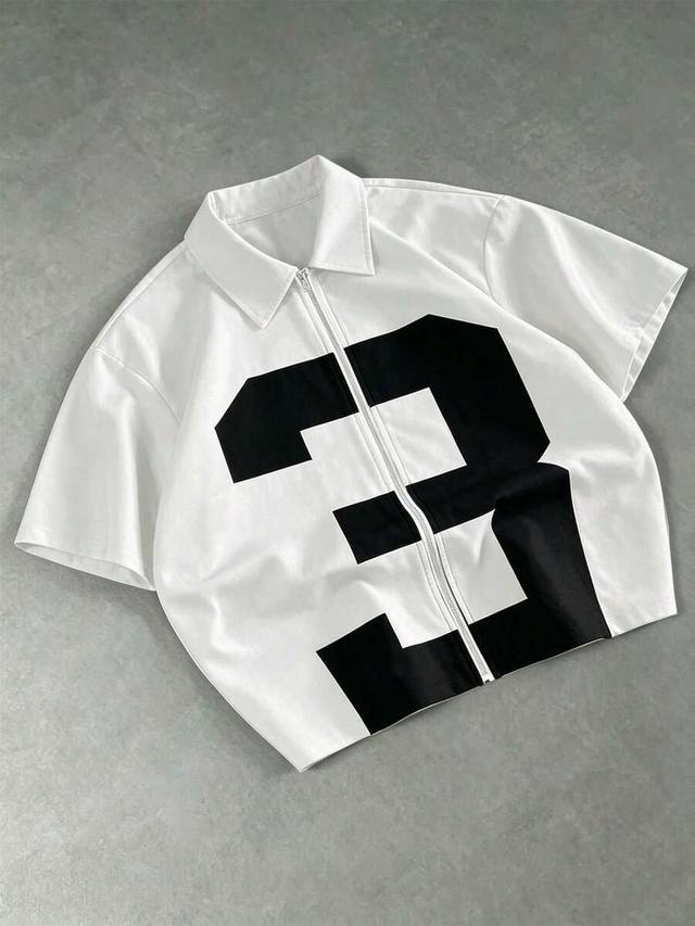 white short sleeve boxy zipper shirt with graphic