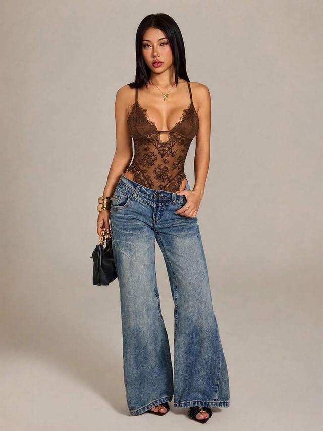 shein petite women's sexy fashion lace patchwork sheer bodysuit