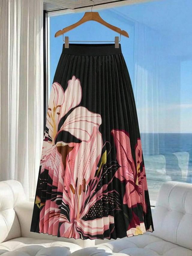 floral print pleated midi skirt with elastic waist
