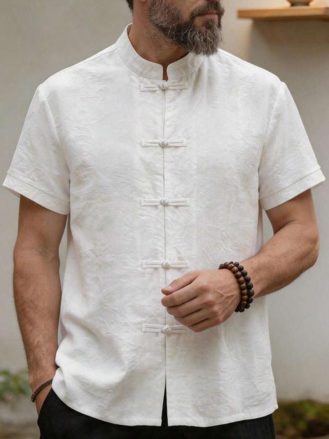 white linen blend chinese style stand collar shirt