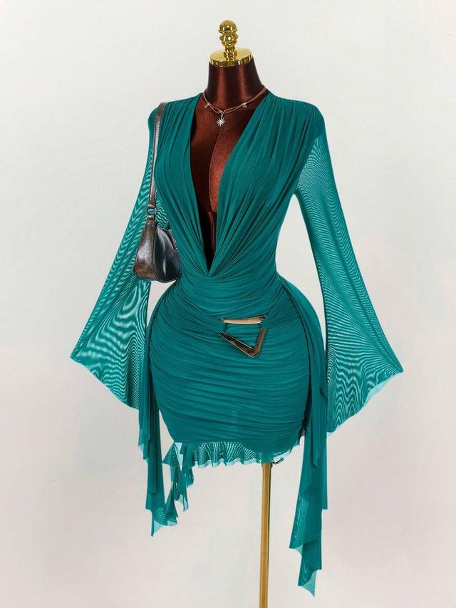 emerald green ruched mesh mini dress with flared sleeves