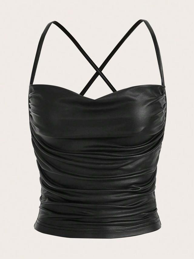 draped front crisscross backless pu leather cami top