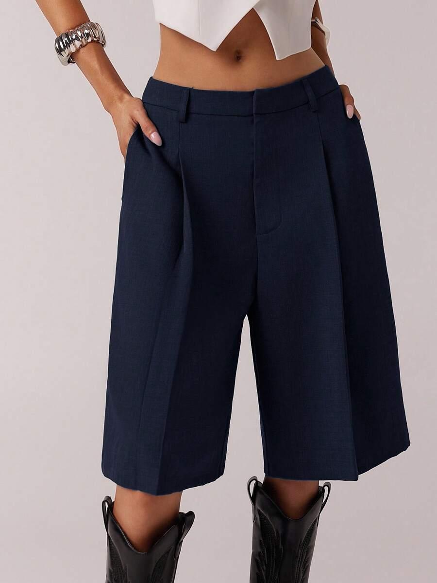navy blue woven straight leg bermuda shorts