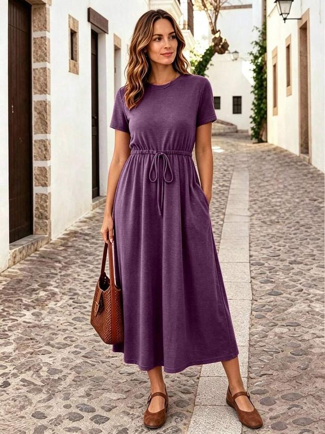 solid purple casual drawstring waist short sleeve dress