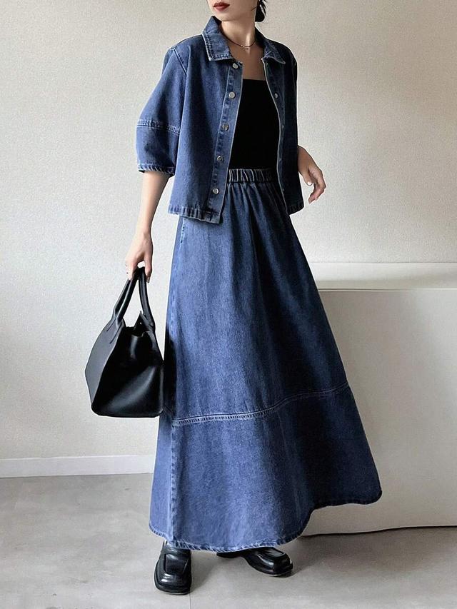 minimalist denim skirt and jacket coord set