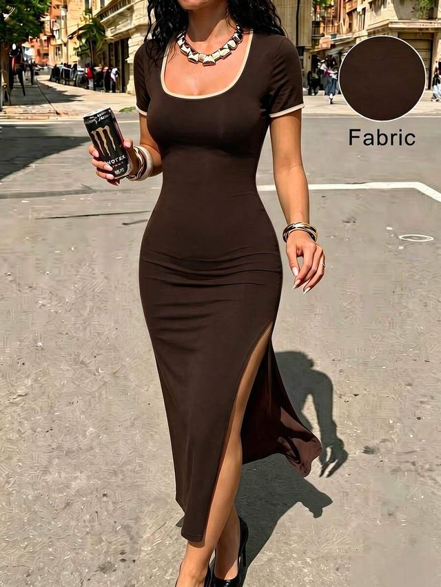 brown colorblock short sleeve minimalist fitted long dress