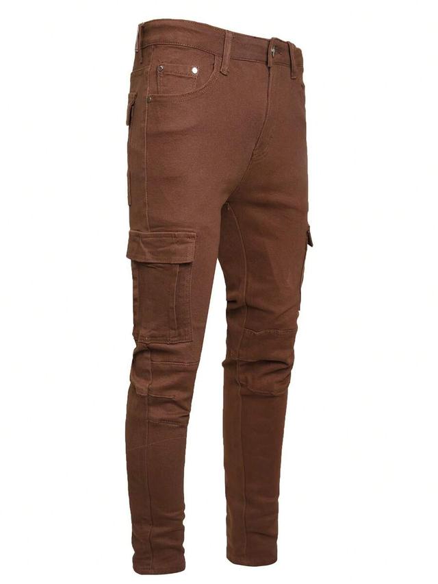 brown slim fit cargo jeans with utility pockets