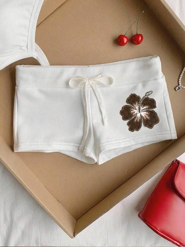 comfortcana white and brown printed drawstring sporty shorts
