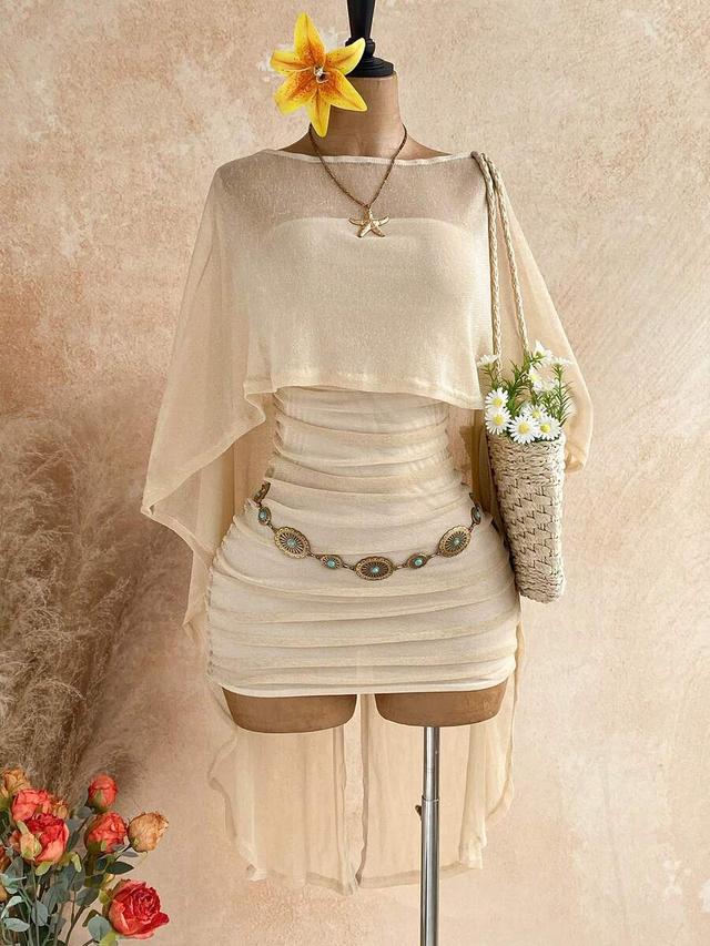 light beige sequin sheer asymmetric top and ruched dress
