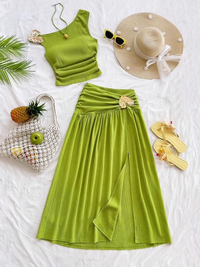 lime green textured knit crop top and maxi skirt