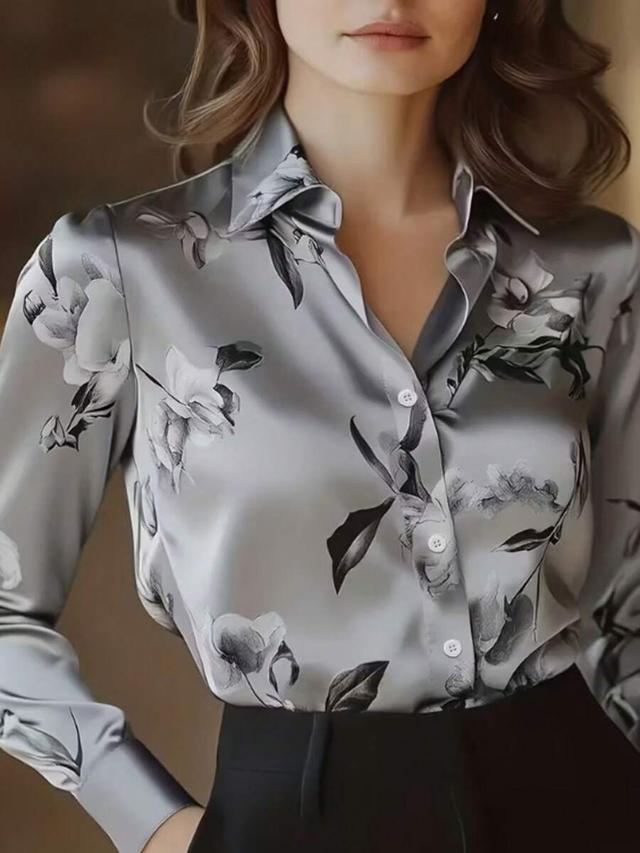 floral print grey satin long sleeve button-up shirt