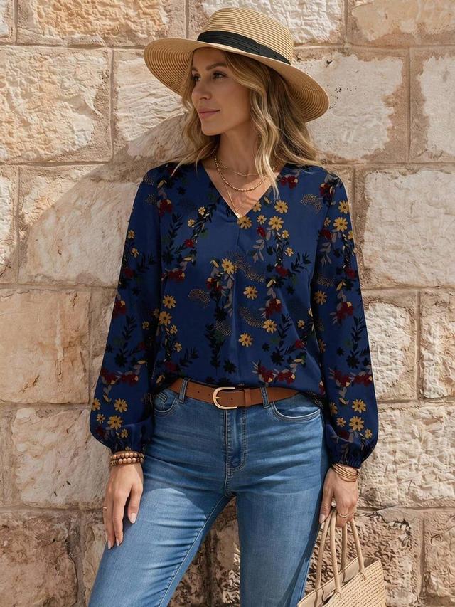 navy floral print v-neck loose long sleeve blouse