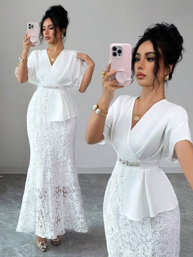 white v-neck asymmetrical fishtail lace formal dress