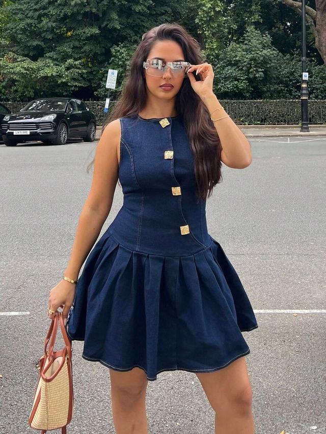 dark wash denim sleeveless pleated mini dress
