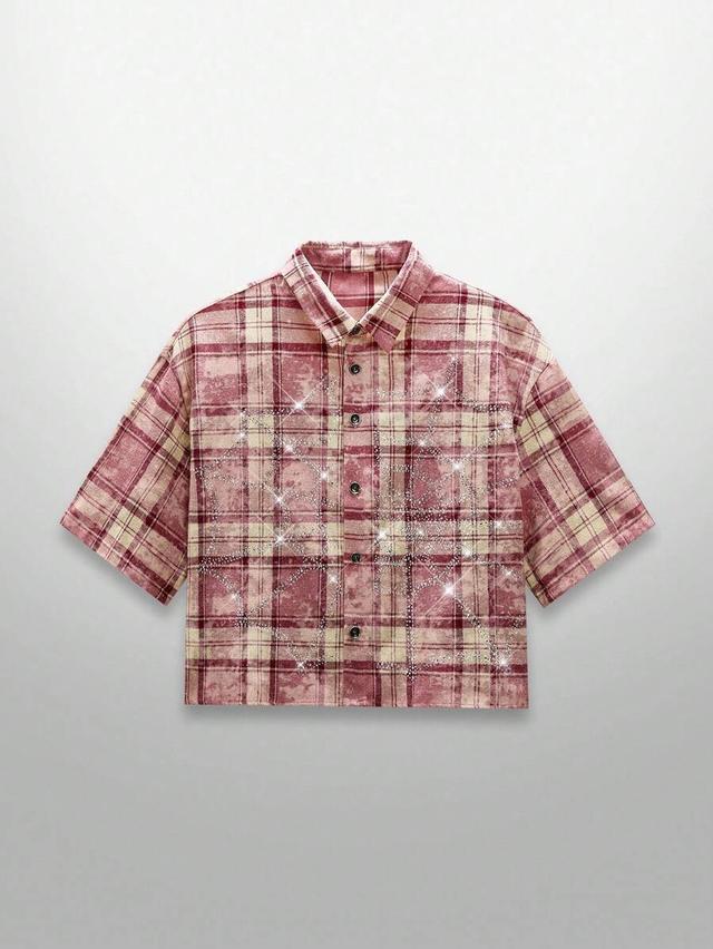 red plaid short sleeve shirt with rhinestone spider web