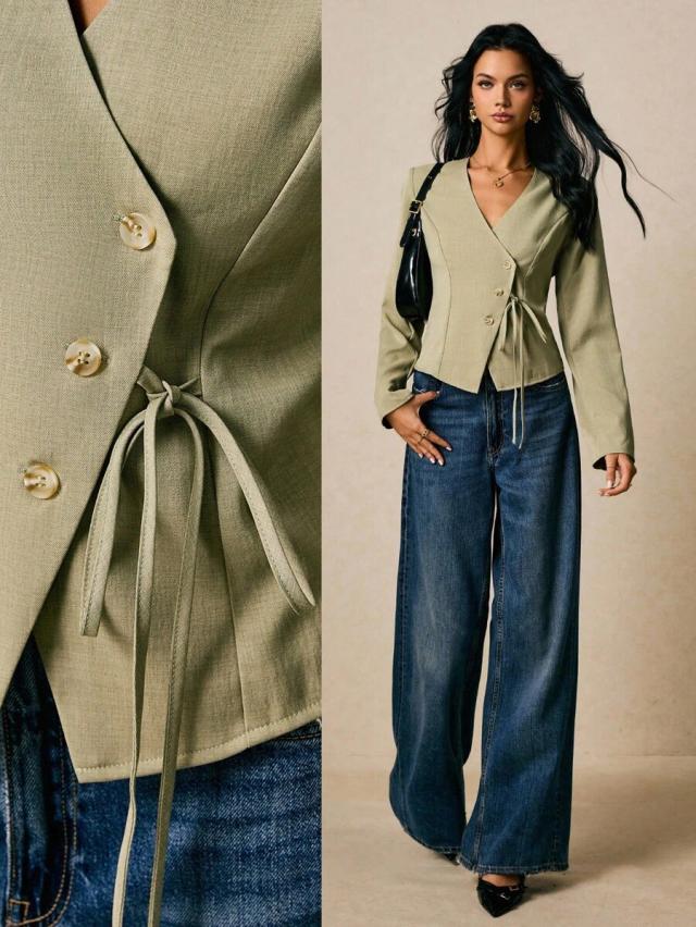 sage green asymmetrical button placket tie blouse