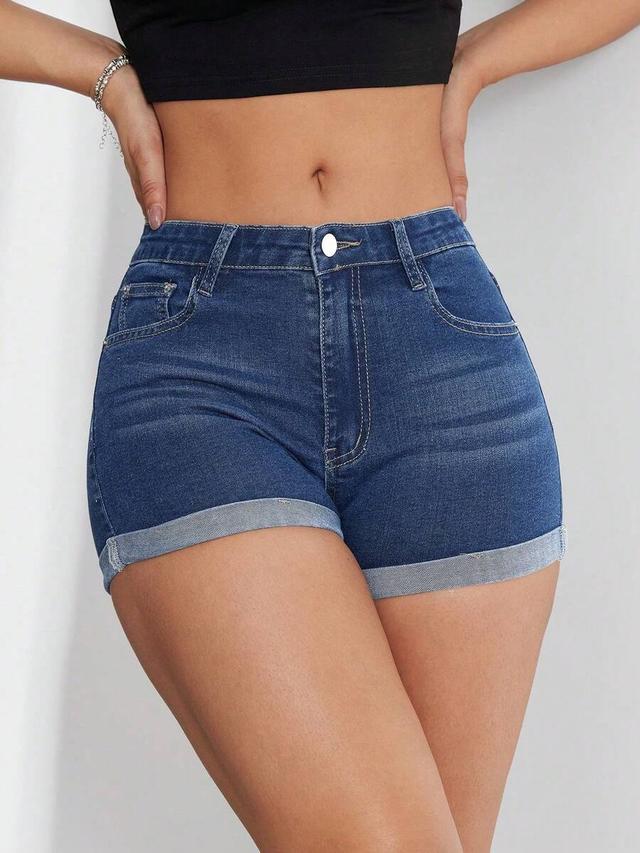 cuffed hem slim fit denim shorts