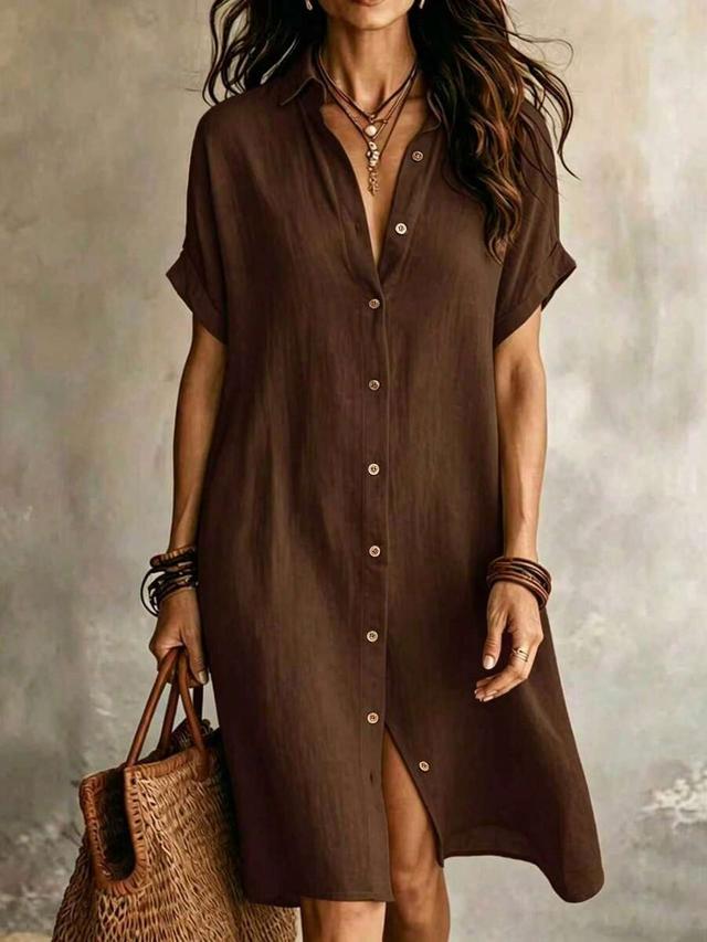 brown linen blend button-down shirt dress