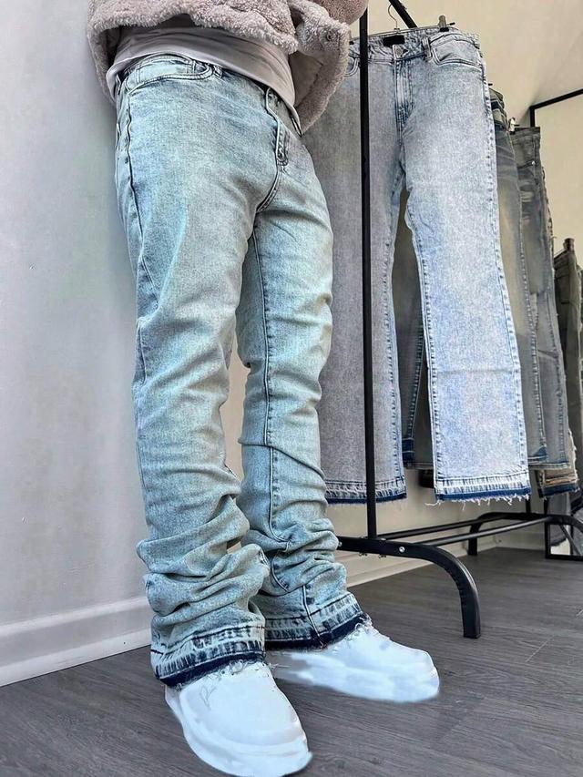 dark blue vintage light blue washed distressed flared denim jeans