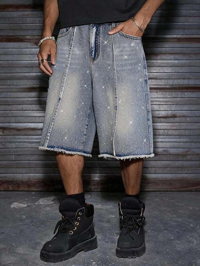 axepeak men's casual denim shorts with rhinestone decor