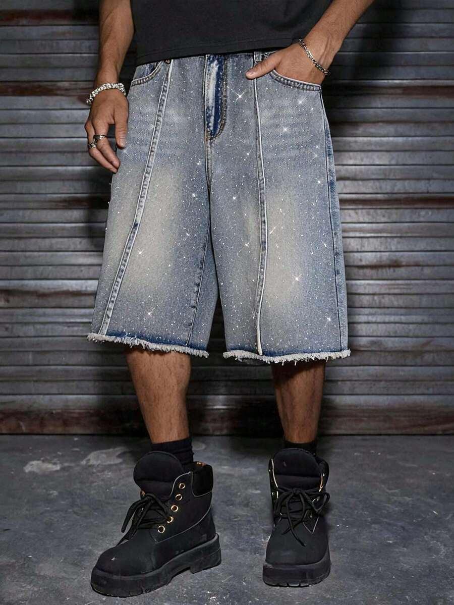 axepeak men's casual denim shorts with rhinestone decor