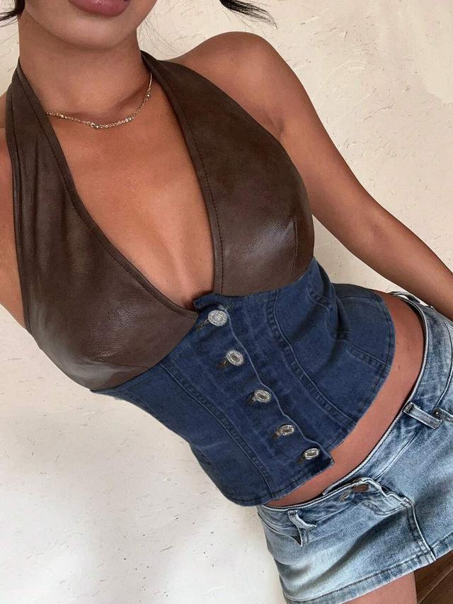 contrast button halter backless fitted denim top