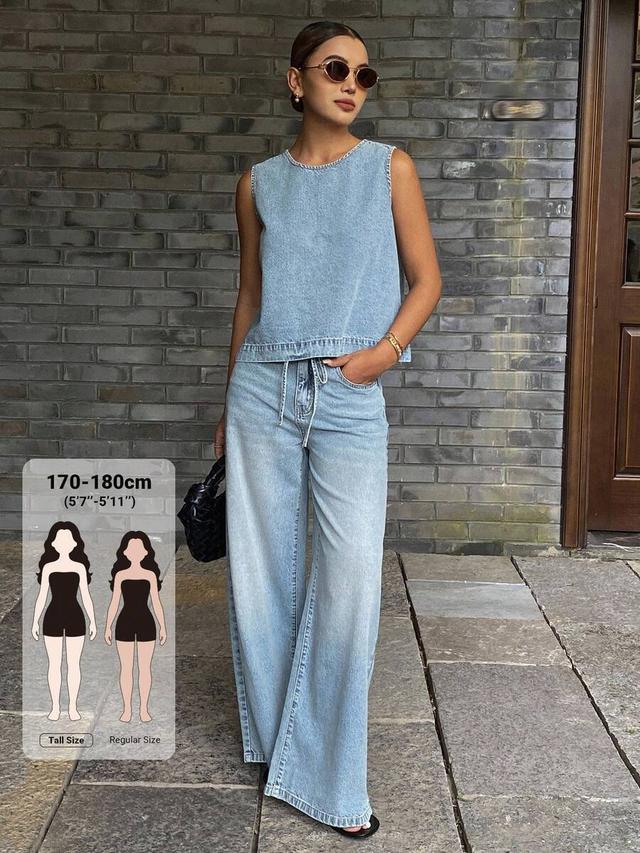 light wash denim vest and wide leg pants set