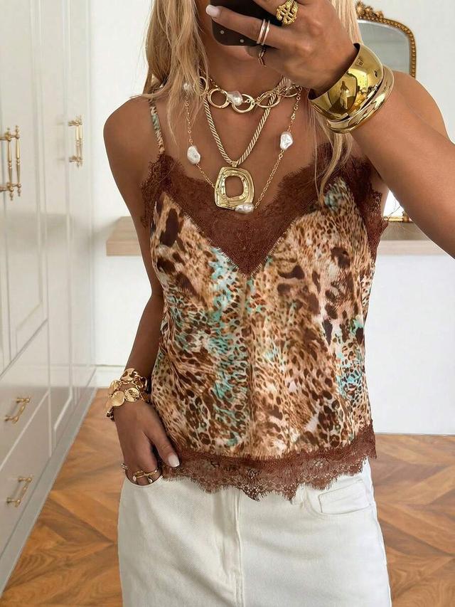 brown tropical print lace trim camisole top