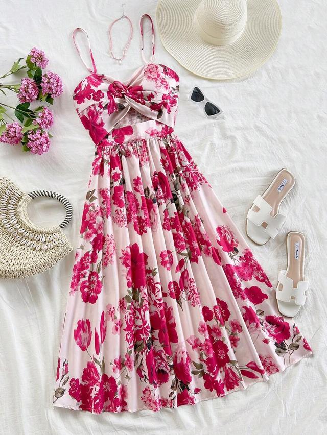 floral print hollow-out midi slip dress