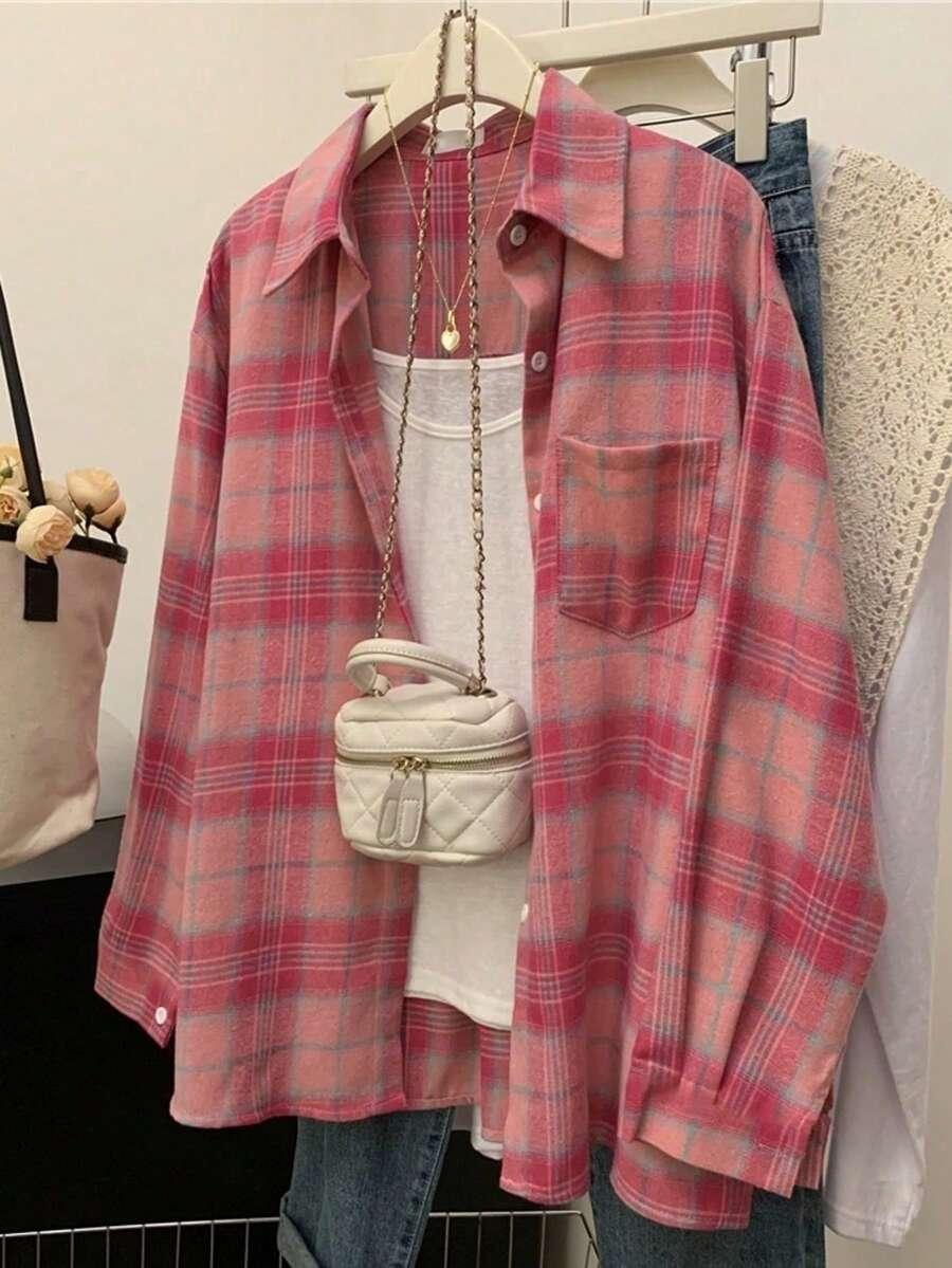 women's pink plaid flannel button front shirt jacket