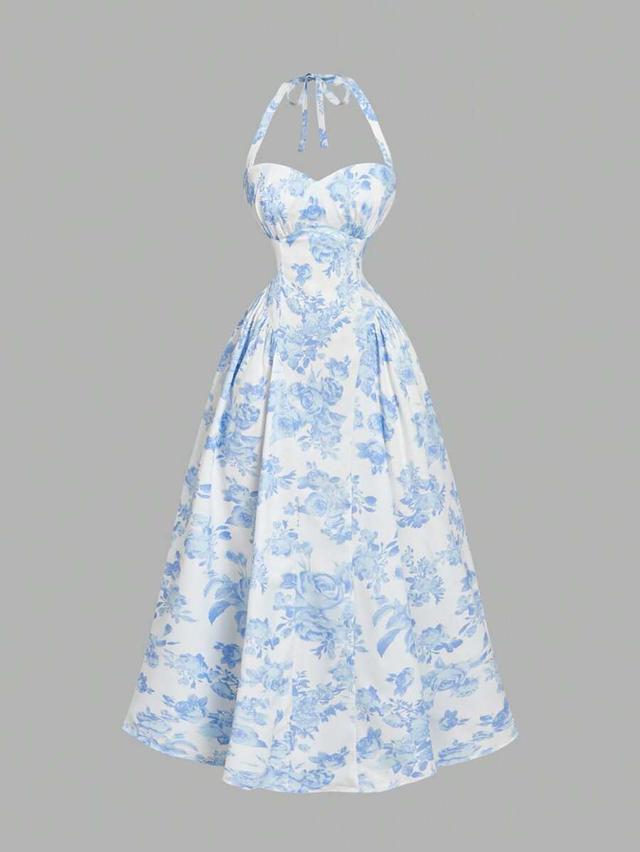 white and blue floral halter mid-length dress