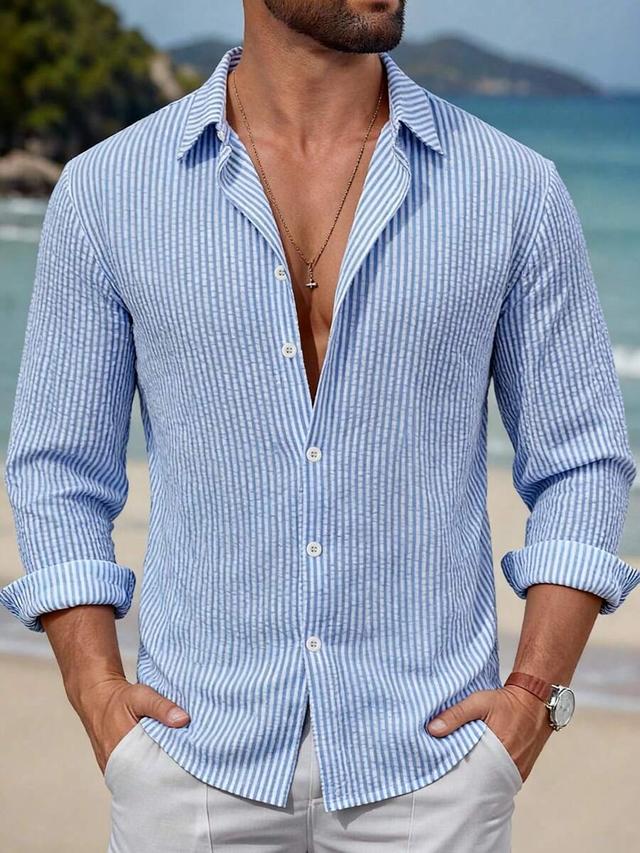 blue and white striped textured cotton shirt