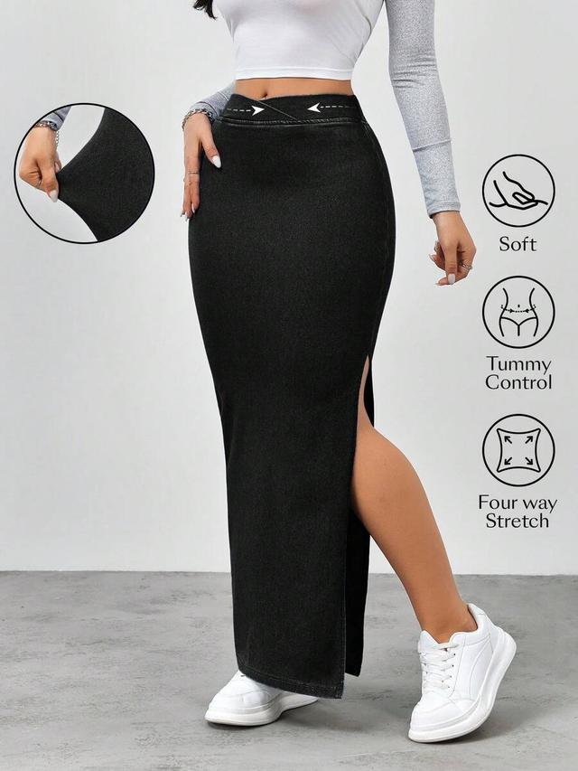black denim maxi skirt with side slit