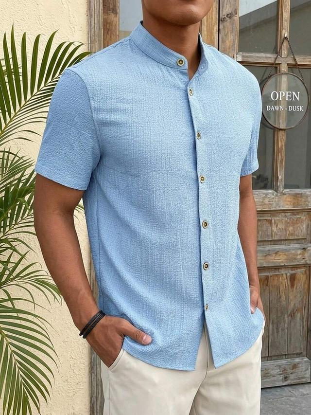 aknotic blue textured mandarin collar short sleeve shirt