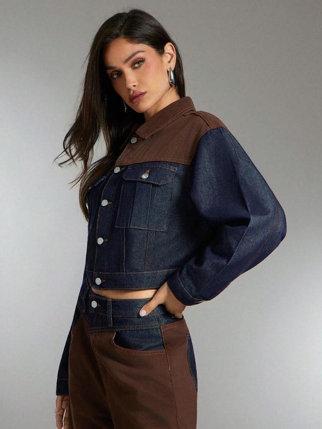 two-tone denim cropped jacket with contrast panels
