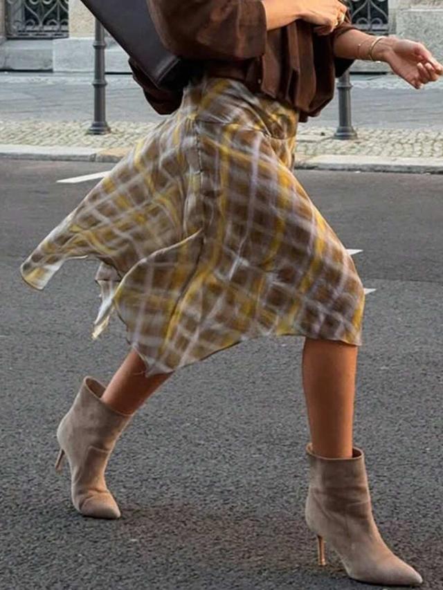 plaid bohemian chiffon asymmetric hem skirt