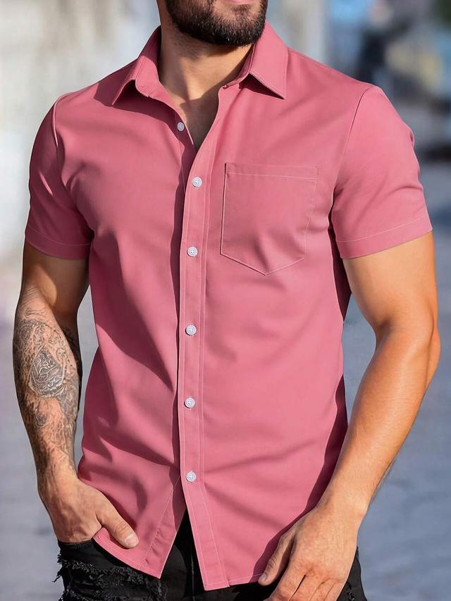 solid pink short sleeve casual button down shirt
