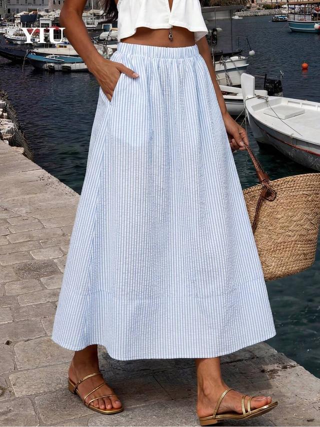 blue and white striped seersucker long dress
