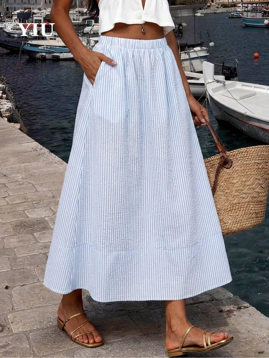 blue and white striped seersucker long dress