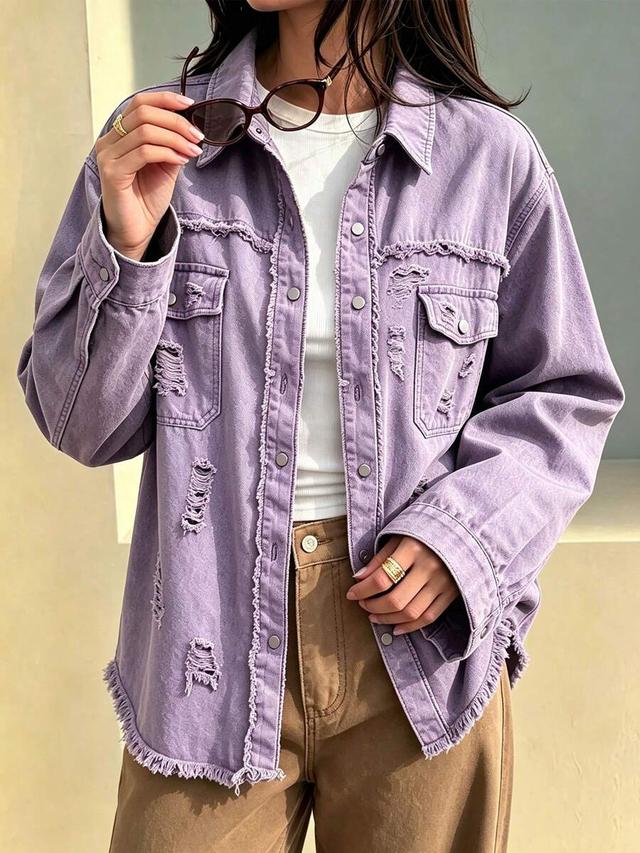 women's retro purple distressed denim cardigan jacket